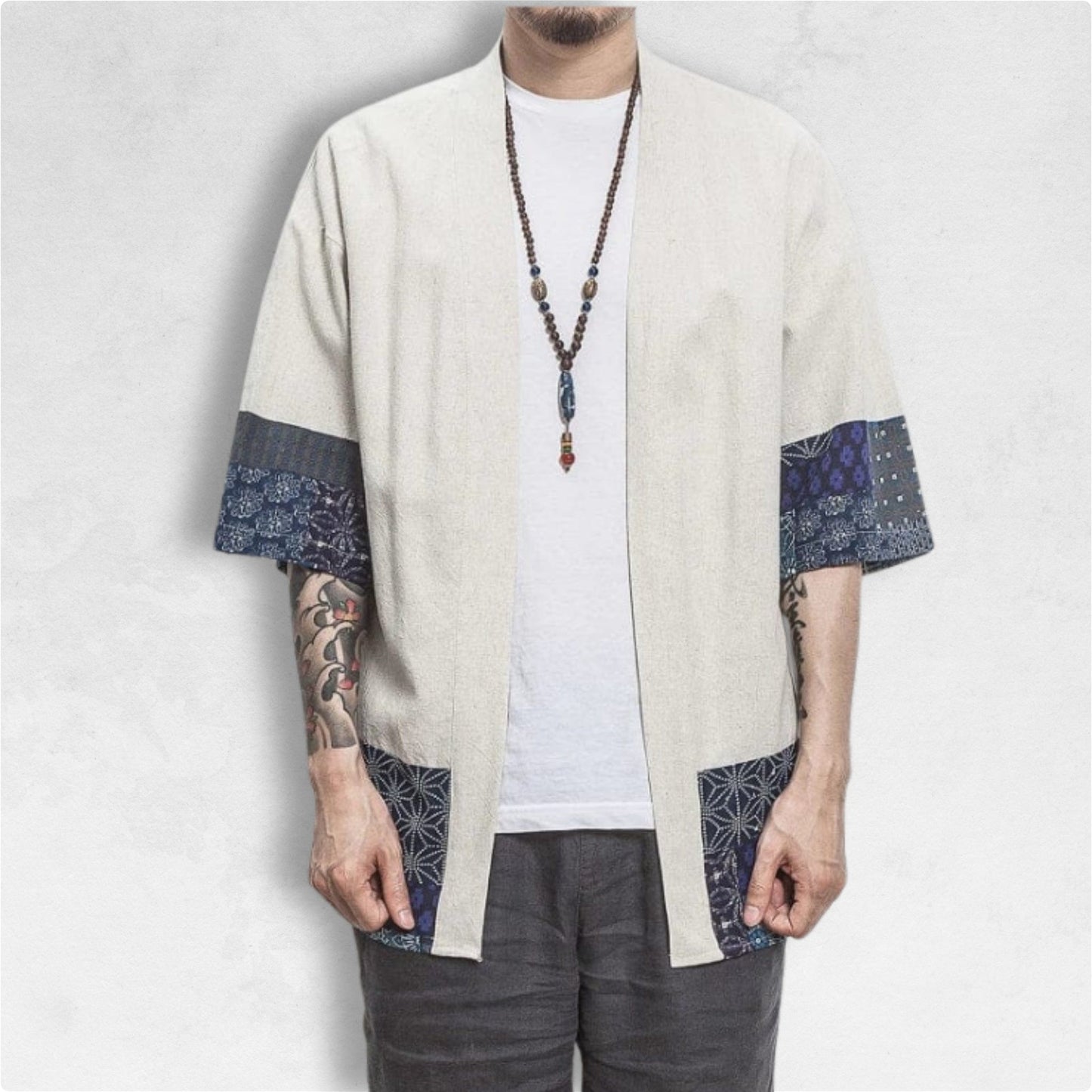 Haori Blanc à Manches Bleu